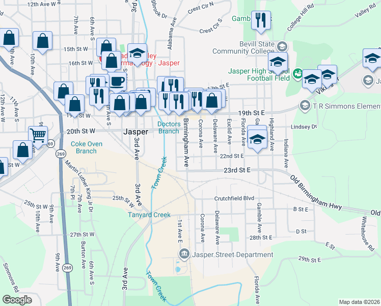 map of restaurants, bars, coffee shops, grocery stores, and more near 201-299 22nd Street East in Jasper
