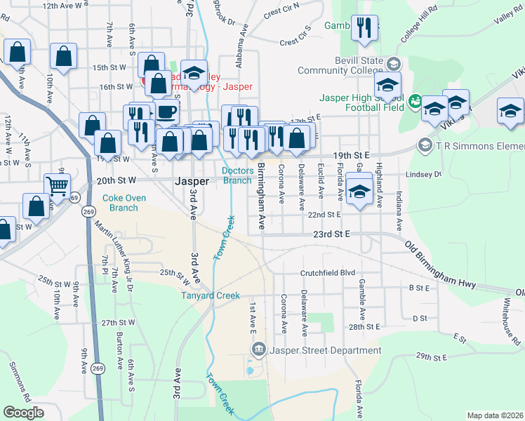 map of restaurants, bars, coffee shops, grocery stores, and more near 201-299 22nd Street East in Jasper