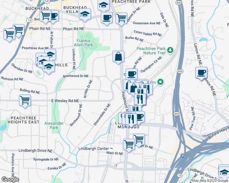 map of restaurants, bars, coffee shops, grocery stores, and more near 555 East Wesley Road Northeast in Atlanta