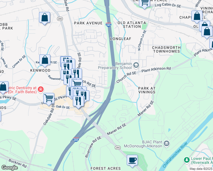 map of restaurants, bars, coffee shops, grocery stores, and more near 2300 Whiteoak Drive Southeast in Smyrna