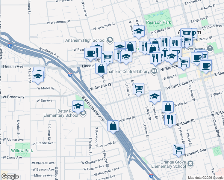 map of restaurants, bars, coffee shops, grocery stores, and more near 323 South Illinois Street in Anaheim