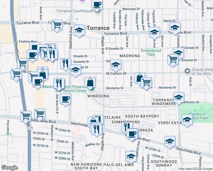 map of restaurants, bars, coffee shops, grocery stores, and more near 2940 West Carson Street in Torrance