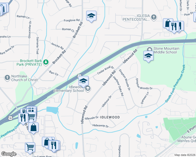 map of restaurants, bars, coffee shops, grocery stores, and more near 1619 Martha Jean Place in Tucker