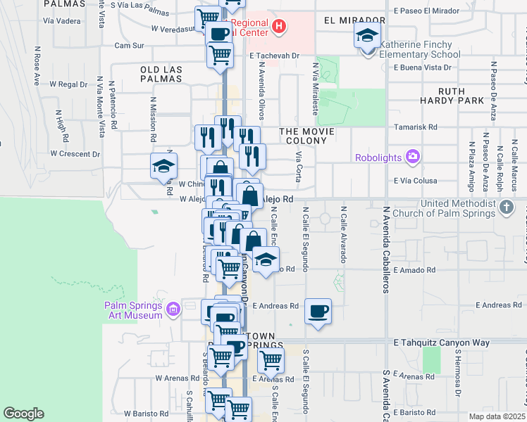 map of restaurants, bars, coffee shops, grocery stores, and more near 277 East Alejo Road in Palm Springs