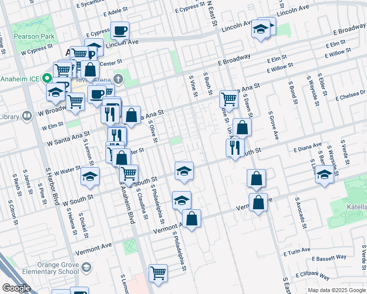 map of restaurants, bars, coffee shops, grocery stores, and more near 654 South Melrose Street in Anaheim