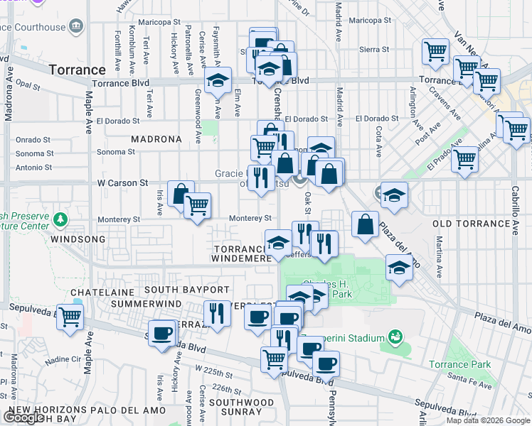 map of restaurants, bars, coffee shops, grocery stores, and more near 1751 Crenshaw Boulevard in Torrance