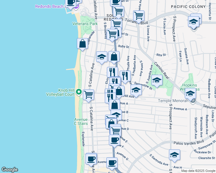 map of restaurants, bars, coffee shops, grocery stores, and more near 716 Elvira Avenue in Redondo Beach