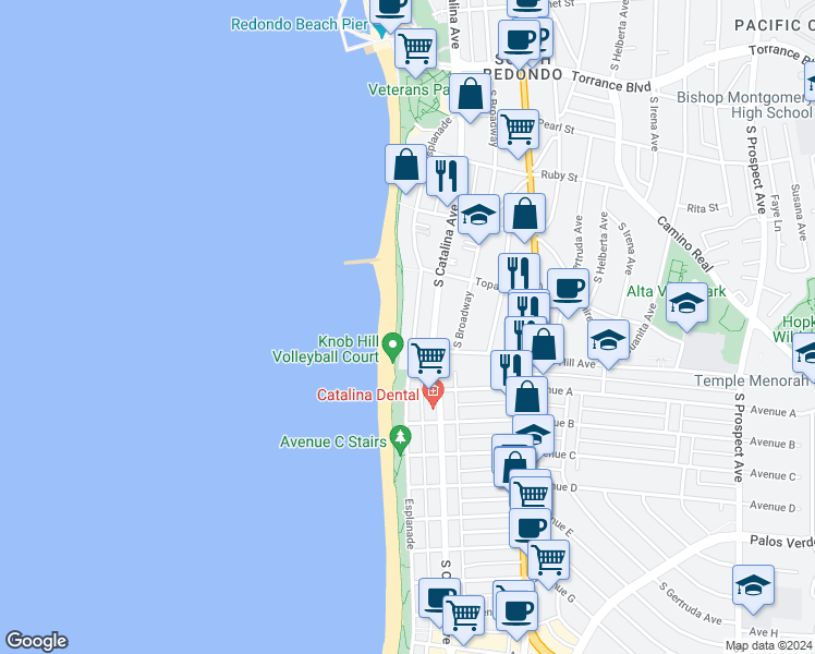map of restaurants, bars, coffee shops, grocery stores, and more near in Redondo Beach