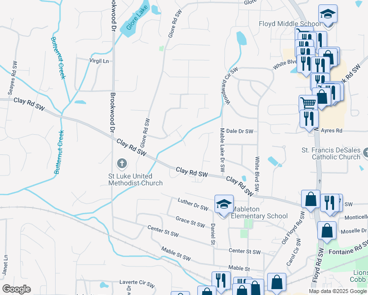 map of restaurants, bars, coffee shops, grocery stores, and more near 5187 2 Branches Court Southwest in Mableton