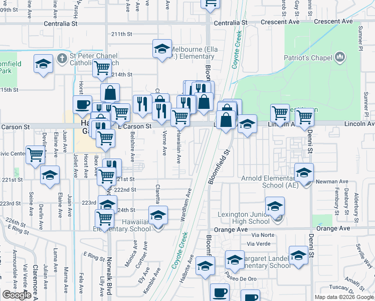 map of restaurants, bars, coffee shops, grocery stores, and more near 12550 East Carson Street in Hawaiian Gardens