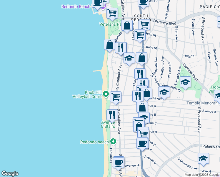 map of restaurants, bars, coffee shops, grocery stores, and more near 727 Esplanade in Redondo Beach