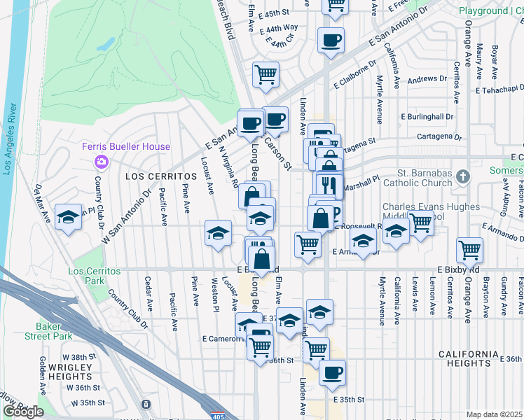 map of restaurants, bars, coffee shops, grocery stores, and more near 3913 Long Beach Boulevard in Long Beach