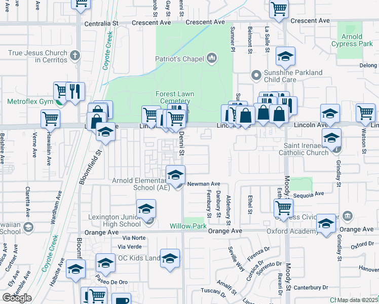 map of restaurants, bars, coffee shops, grocery stores, and more near 4524 Shasta Circle in Cypress