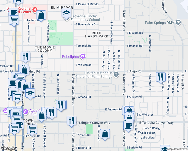 map of restaurants, bars, coffee shops, grocery stores, and more near 1173 East Alejo Road in Palm Springs