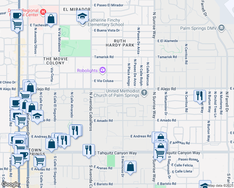 map of restaurants, bars, coffee shops, grocery stores, and more near 1173 East Alejo Road in Palm Springs