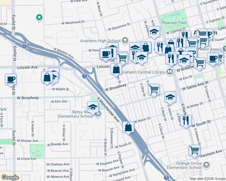 map of restaurants, bars, coffee shops, grocery stores, and more near 1126 West Broadway in Anaheim