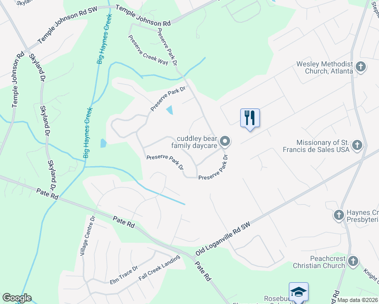map of restaurants, bars, coffee shops, grocery stores, and more near 3678 Park Hill Circle Southwest in Loganville