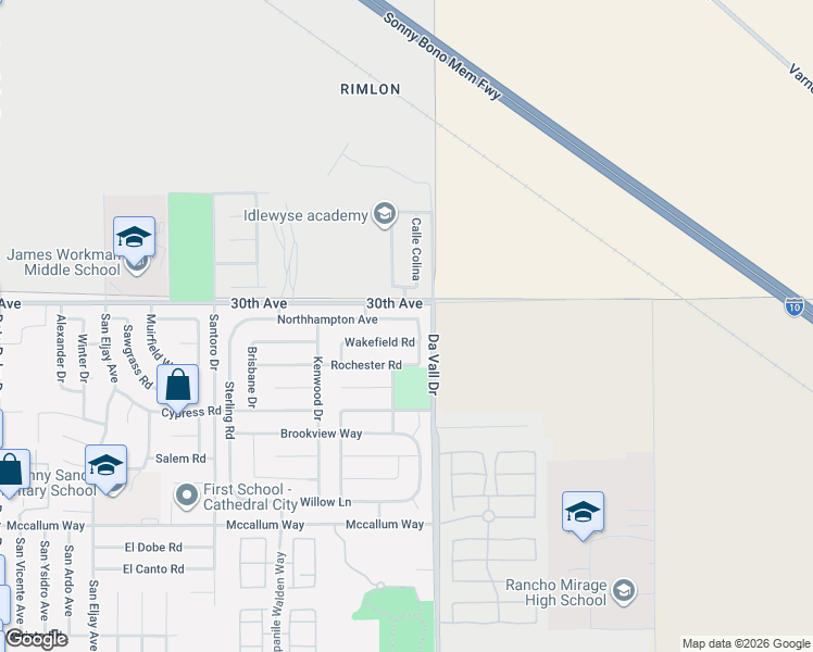 map of restaurants, bars, coffee shops, grocery stores, and more near 69912 Wakefield Road in Cathedral City