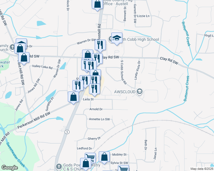 map of restaurants, bars, coffee shops, grocery stores, and more near 2011 Oakbluff Drive in Austell