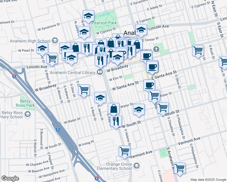 map of restaurants, bars, coffee shops, grocery stores, and more near 412 West Santa Ana Street in Anaheim