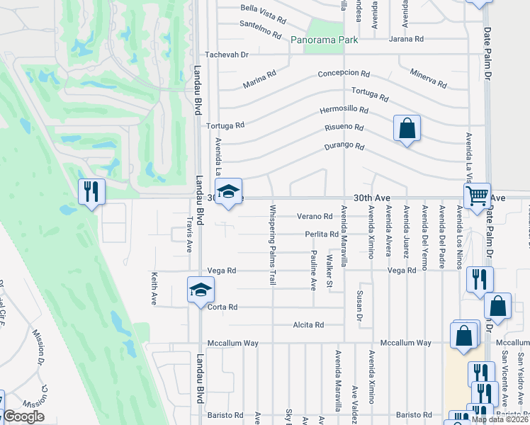 map of restaurants, bars, coffee shops, grocery stores, and more near 68185 Verano Road in Cathedral City