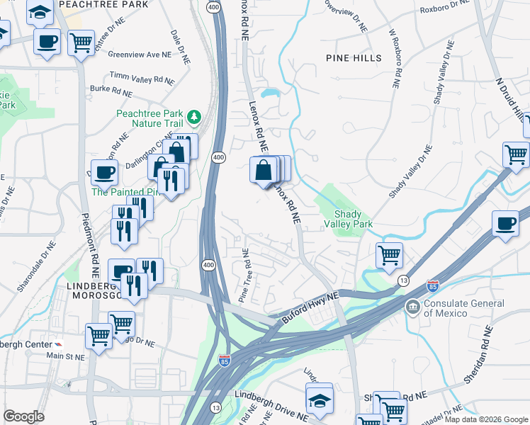 map of restaurants, bars, coffee shops, grocery stores, and more near 2108 Pine Heights Drive Northeast in Atlanta