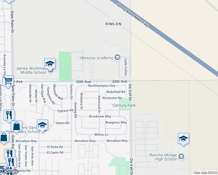 map of restaurants, bars, coffee shops, grocery stores, and more near 69799 Northhampton Avenue in Cathedral City