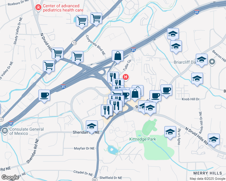 map of restaurants, bars, coffee shops, grocery stores, and more near 2220 North Druid Hills Road Northeast in Atlanta