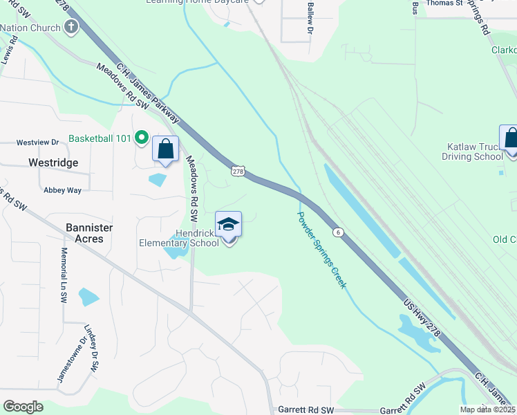 map of restaurants, bars, coffee shops, grocery stores, and more near 9215 Waterford Lane in Powder Springs
