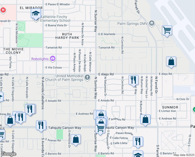 map of restaurants, bars, coffee shops, grocery stores, and more near 400 North Sunrise Way in Palm Springs