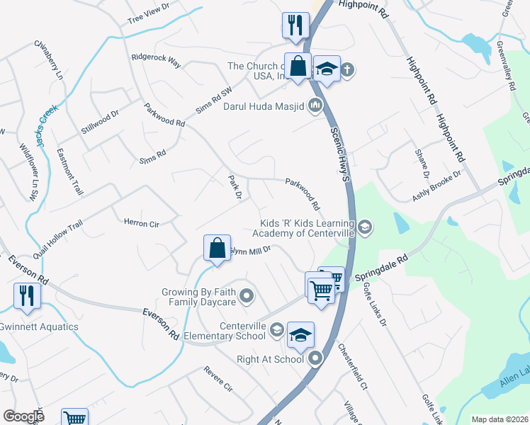 map of restaurants, bars, coffee shops, grocery stores, and more near 2850 Park Chase Drive in Snellville