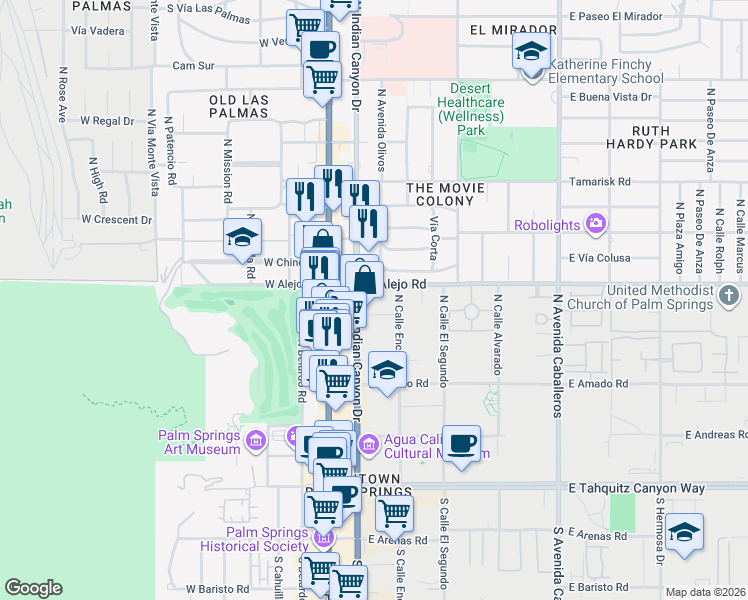 map of restaurants, bars, coffee shops, grocery stores, and more near 462 North Indian Canyon Drive in Palm Springs