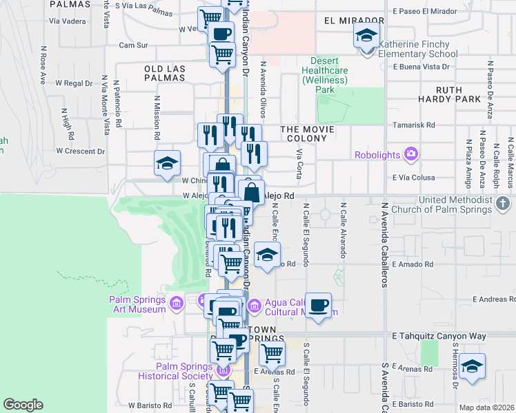 map of restaurants, bars, coffee shops, grocery stores, and more near 277 East Alejo Road in Palm Springs