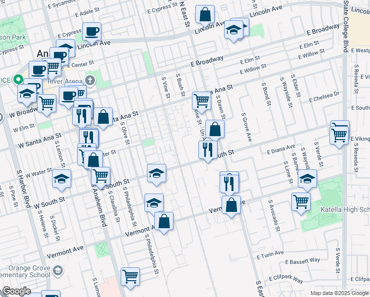 map of restaurants, bars, coffee shops, grocery stores, and more near 901 East South Street in Anaheim
