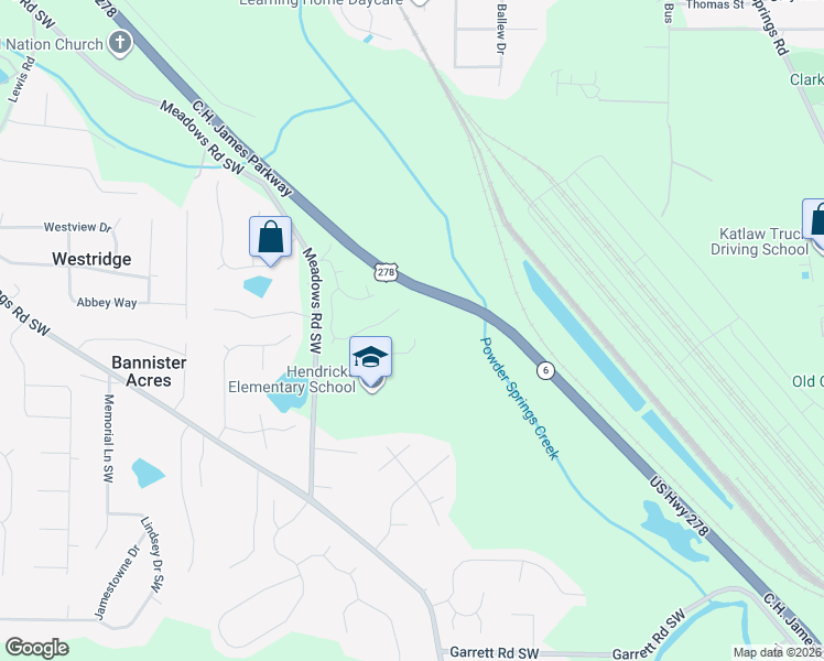 map of restaurants, bars, coffee shops, grocery stores, and more near 9205 Waterford Lane in Powder Springs