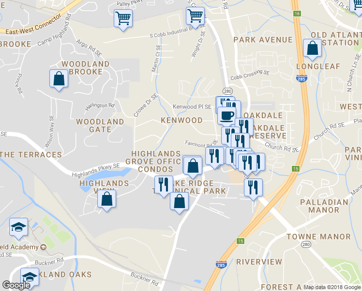 map of restaurants, bars, coffee shops, grocery stores, and more near 5093 Fairmont Road Southeast in Smyrna