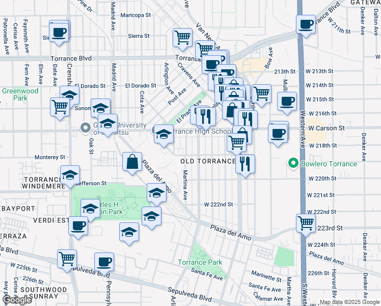 map of restaurants, bars, coffee shops, grocery stores, and more near 1802 Martina Avenue in Torrance