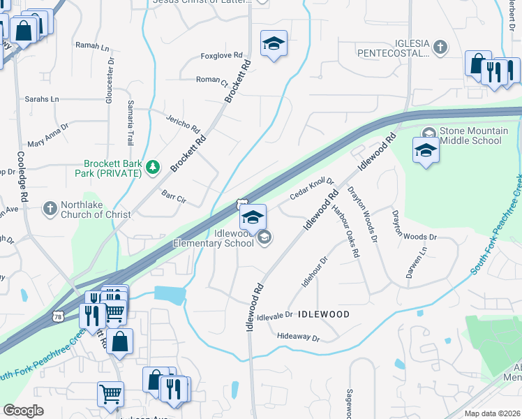 map of restaurants, bars, coffee shops, grocery stores, and more near 4065 Cedar Knoll Drive in Tucker