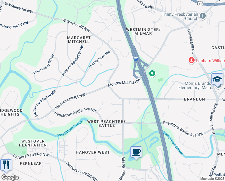 map of restaurants, bars, coffee shops, grocery stores, and more near 1299 West Wesley Road Northwest in Atlanta
