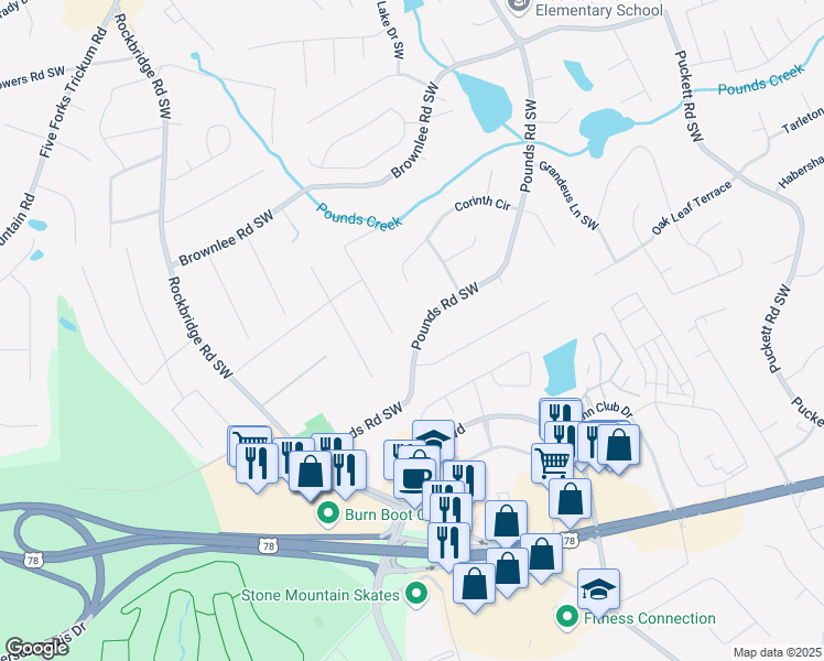 map of restaurants, bars, coffee shops, grocery stores, and more near 1753 Pounds Road Southwest in Stone Mountain