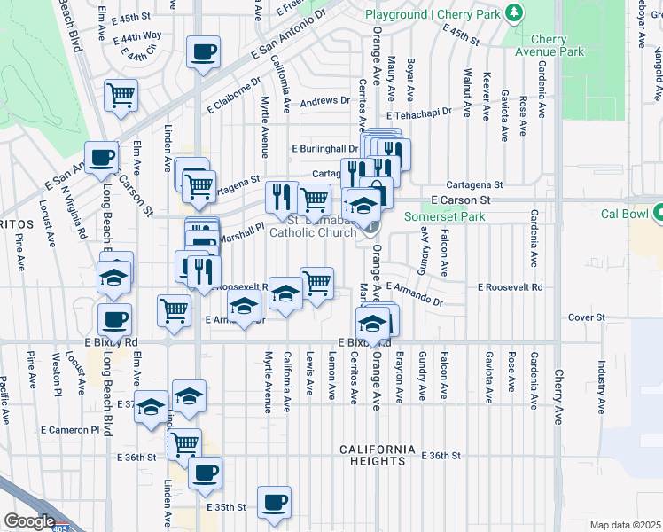 map of restaurants, bars, coffee shops, grocery stores, and more near 3916 Lemon Avenue in Long Beach