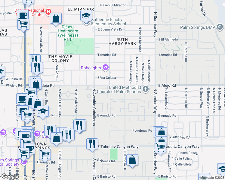 map of restaurants, bars, coffee shops, grocery stores, and more near 468 East Casa Verde Way in Palm Springs