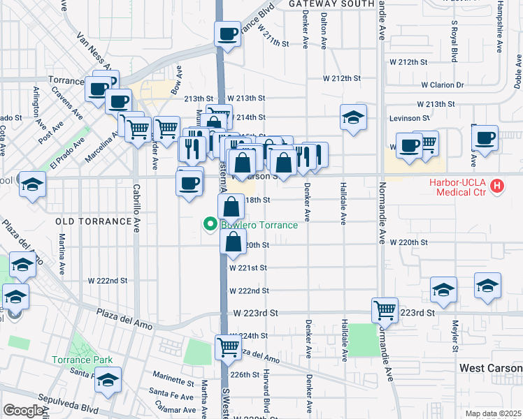 map of restaurants, bars, coffee shops, grocery stores, and more near 21821 Harvard Boulevard in Torrance