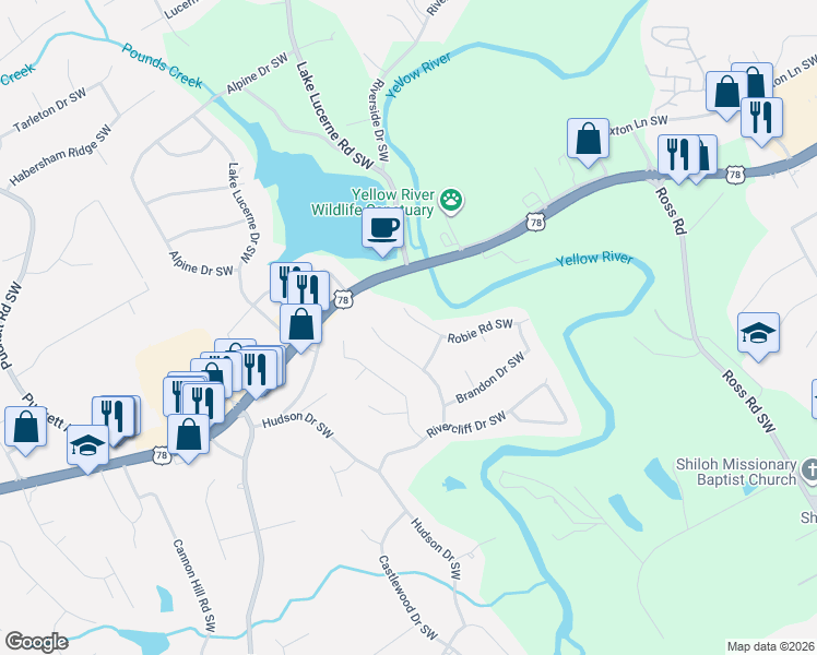 map of restaurants, bars, coffee shops, grocery stores, and more near 2146 Lunceford Lane Southwest in Lilburn