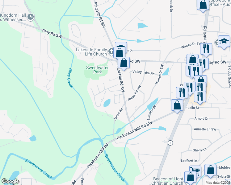map of restaurants, bars, coffee shops, grocery stores, and more near 2255 Parkside Drive in Austell