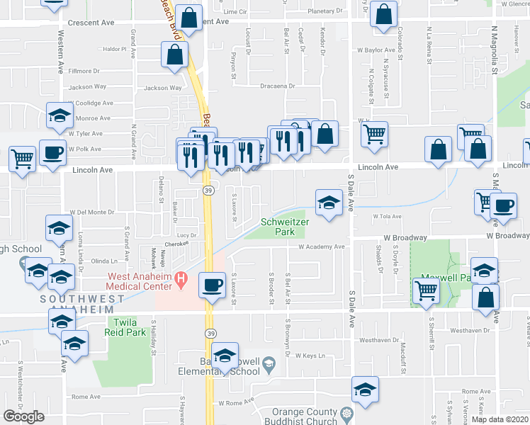 map of restaurants, bars, coffee shops, grocery stores, and more near 2910 West Baywood Avenue in Anaheim