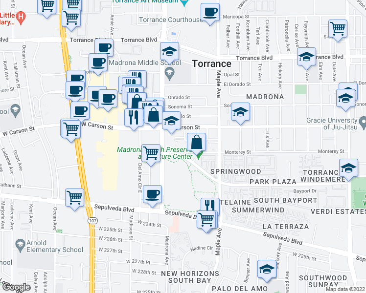 map of restaurants, bars, coffee shops, grocery stores, and more near 3220 Merrill Drive in Torrance