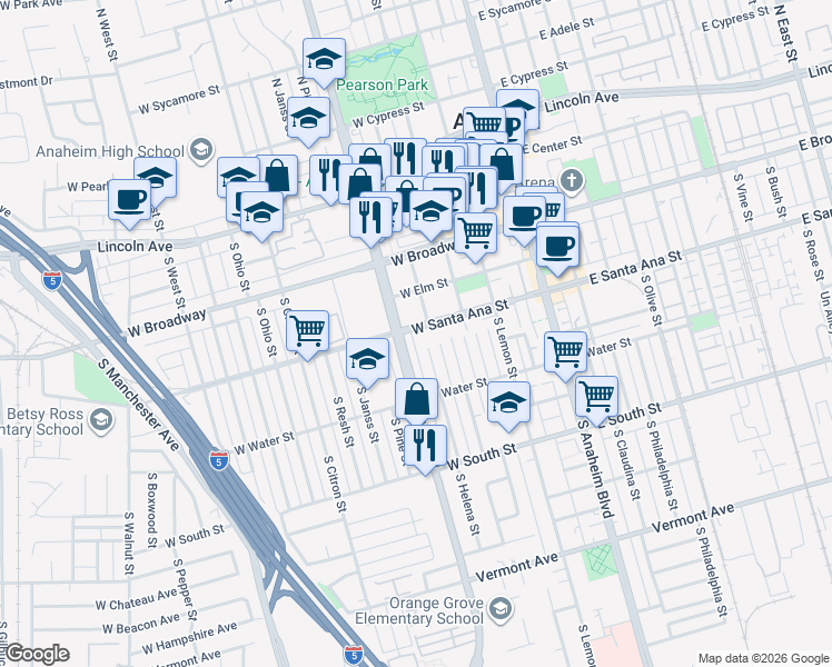 map of restaurants, bars, coffee shops, grocery stores, and more near 412 West Santa Ana Street in Anaheim
