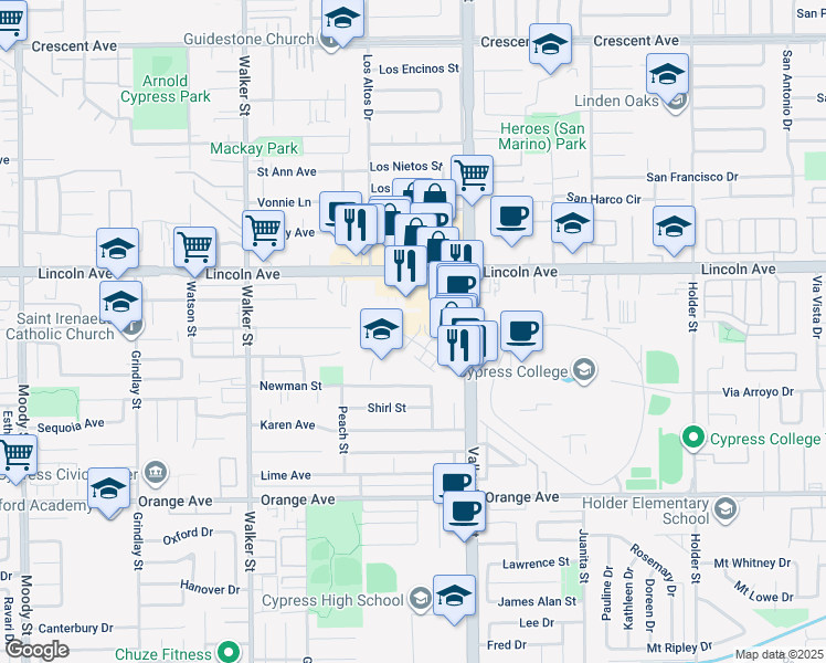 map of restaurants, bars, coffee shops, grocery stores, and more near 5923 Lakeshore Drive in Cypress