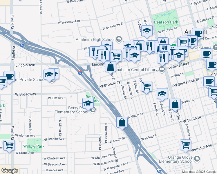 map of restaurants, bars, coffee shops, grocery stores, and more near 1122 West Broadway in Anaheim